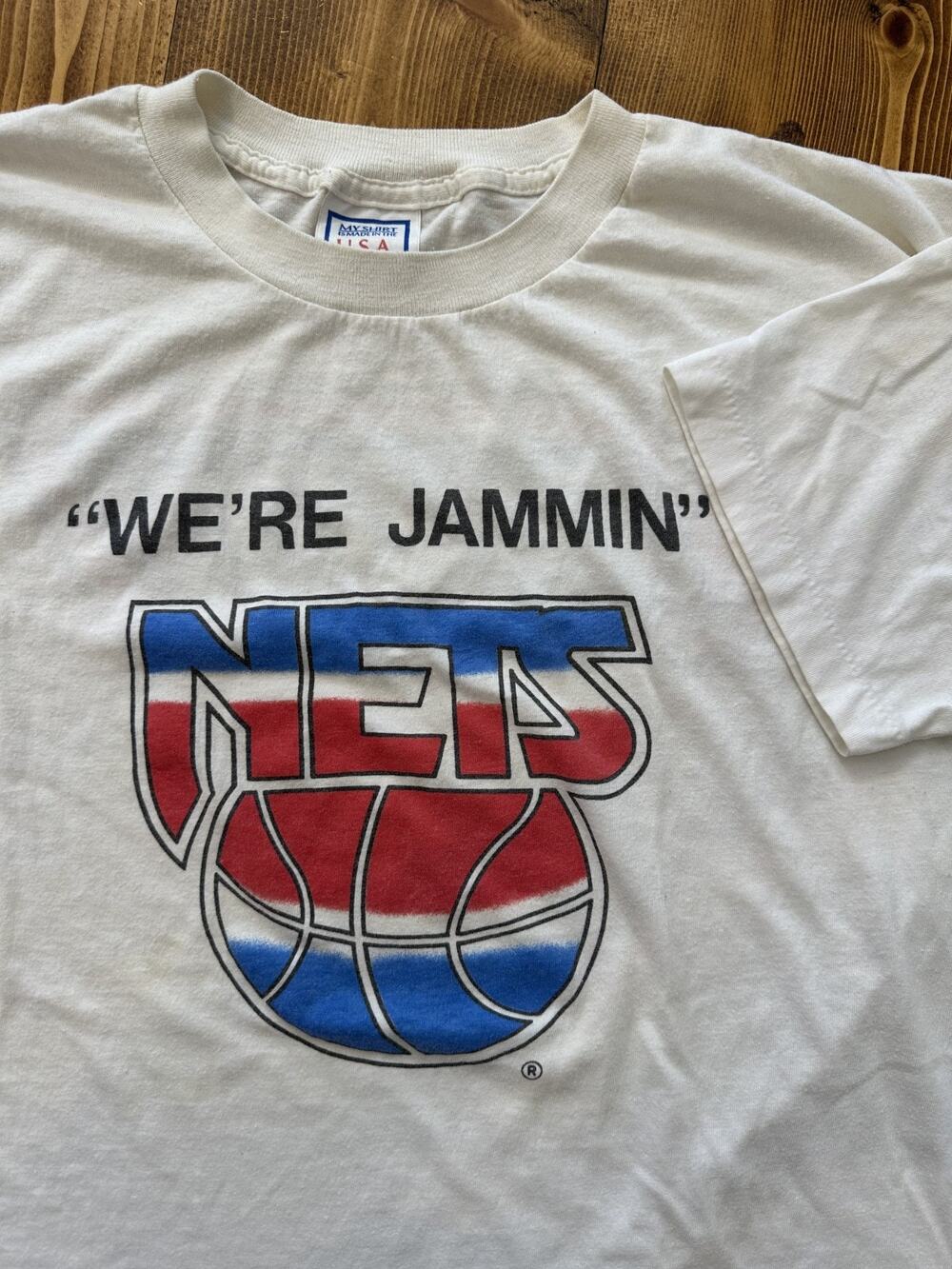 Vintage 90s New Jersey Nets NBA Basketball Bud Dry Draft T-Shirt USA Alcohol Tee